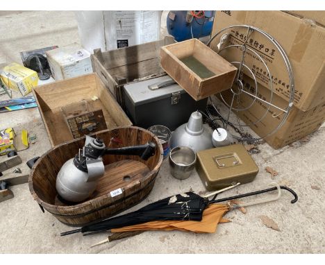 AN ASSORTMENT OF ITEMS TO INCLUDE AN APPLE CRATE, A WOODEN TROUGH PLANTER AND AN INDUSTRIAL STYLE LIGHT FITTING ETC 