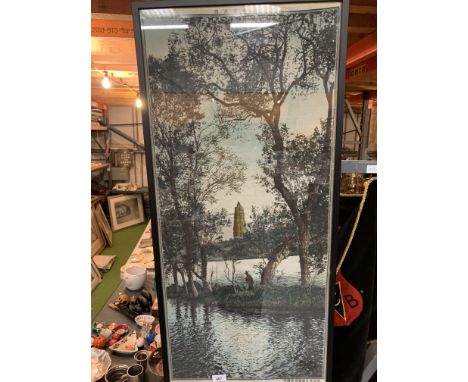A CHINESE PRINT ON SILK OF A RIVER SCENE, 95X43CM 