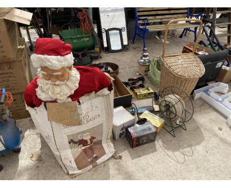 AN ASSORTMENT OF ITEMS TO INCLUDE A SINGING SANTA, ESPRSSO MAKER AND OUTSIDE LIGHT ETC 