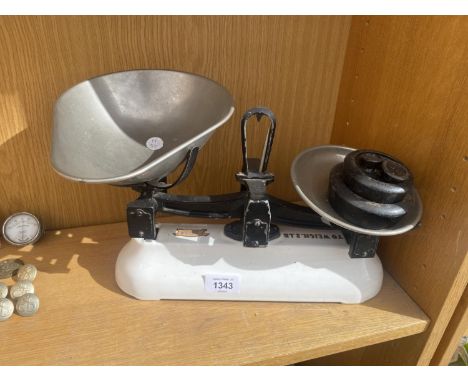A POOLEY KITCHEN SCALES WITH WEIGHTS 