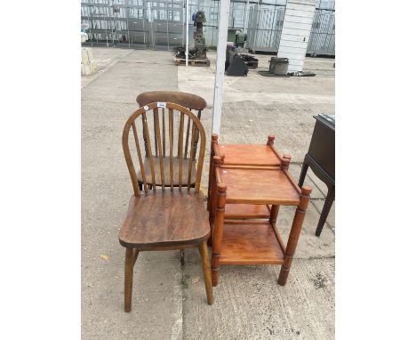 TWO ELM VICTORIAN KITCHEN CHAIRS AND A PAIR OF LAMP TABLES 