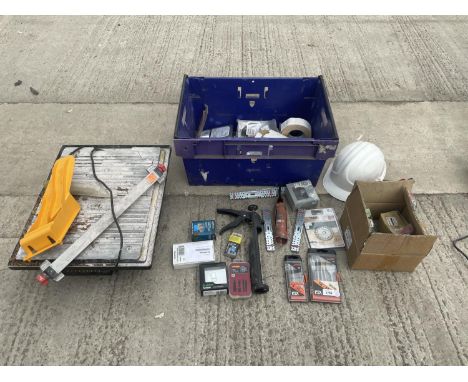 VARIOUS TOOLS AND HARDWARE - TILE CUTTER, SCREWS, DRILLS ETC 