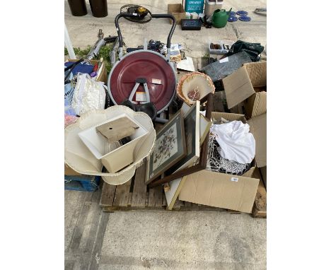 AN ASSORTMENT OF HOUSEHOLD CLEARANCE ITEMS TO INCLUDE PICTURERS AND PRINTS AND LAMP SHADES ETC 