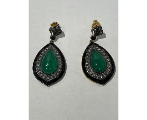 A PAIR OF JADE ON BLACK ONYX EARRINGS WITH DIAMOND SURROUND AND YELLOW AND WHITE METAL 