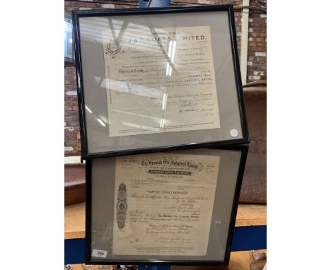 TWO VINTAGE FRAMED SHARE CERTIFICATES DATED 1922 AND 1938 