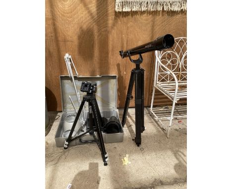 AN ASSORTMENT OF ITEMS TO INCLUDE A TASCO TELESCOPE, A CAMERA TRIPOD AND FURTHER PHOTOGRAPHY ITEMS ETC 