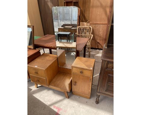 A MID 20TH CENTURY LIGHT OAK DRESSING TABLE AND LOCKER BY 'MEREDEW FURNITURE' 