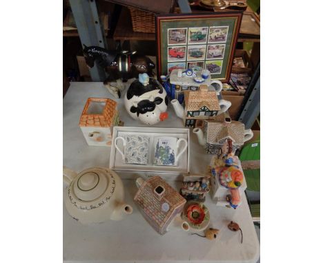 SIX COLLECTABLE TEA POTS, A PAIR OF NINA CAMPBELL MUGS, A CERAMIC SHIRE HORSE ETC 