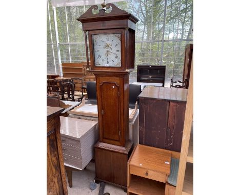 A 19TH CENTURY OAK AND CROSSBANDED THIRTY HOUR LONGCASE CLOCK WITH SQUARE ENAMEL DIAL DEPICTING BIRD AND FLOWERS, JOS. WILD, 