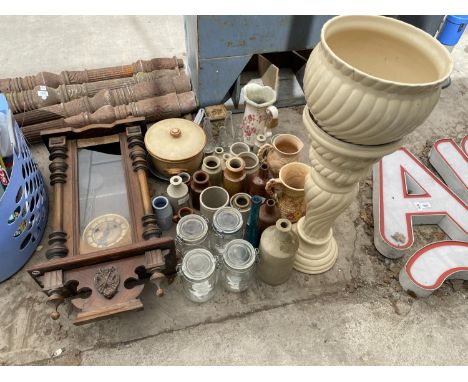 A DECORATIVE VIENNA WALL CLOCK (A/F) AND A LARGE ASSORTMENT OF STONEWRAE AND CERAMIC PLANTERS AND VASES ETC 