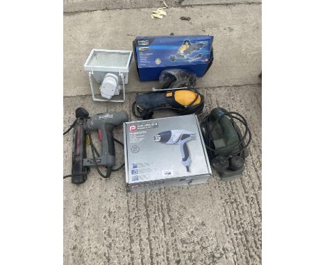 VARIOUS TOOLS - AN ANGLE GRINDER, NAIL GUN, HEAT GUN, PLANER AND SENSOR LIGHT - ALL BELIEVED WORKING BUT NO WARRANTY 