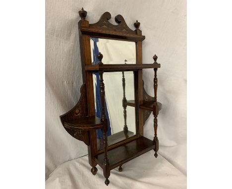 A VINTAGE MAHOGANY HALL MIRROR SHELF WITH FINIALS AND INLAY 61CM X 45.5CM 