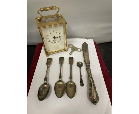 A CARRIAGE CLOCK WITH KEY AND VARIOUS SILVER PLATED ITEMS 