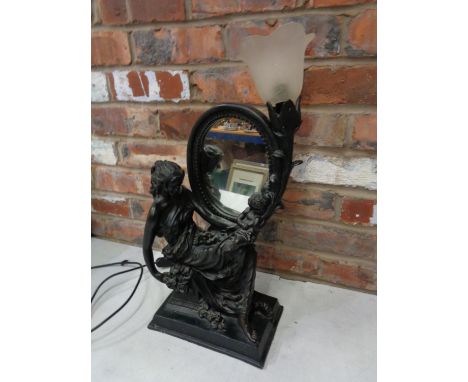 A VINTAGE COMPOSITE LAMP BASE IN THE FORM OF A MOTHER AND CHILD AND INCORPORATING AN OVAL MIRROR H:59CM 