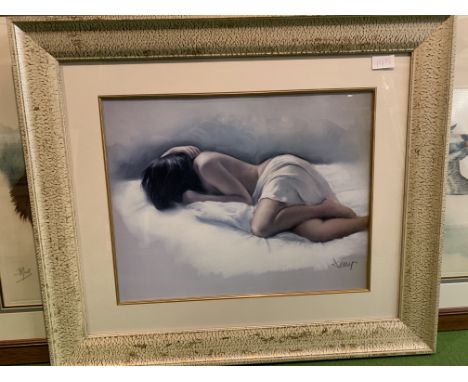A LARGE PRINT OF A NUDE WITH WOOD SLIP GOLD MOUNTS AND MOTTLED IVORY AND GOLD 3" FRAME 