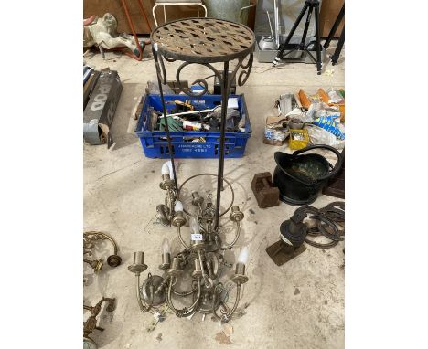 A COLLECTION OF WALL LIGHT FITTINGS AND A METAL JARDINAIRE STAND 