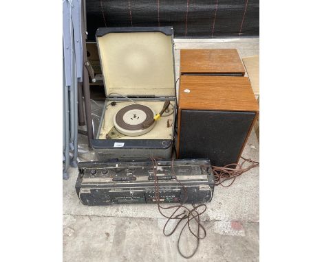 A VINTAGE FERGUSON RECORD PLAYER, A PAIR OF SPEAKERS AND A SHARP RADIO 