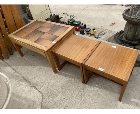 A PAIR OF RETRO TEAK LAMP TABLES BY 'PYE-FRANKLIN LTD, PLEASING FURNITURE' 14" SQUARE AND TEAK COFFEE TABLE WITH INSET TILE T