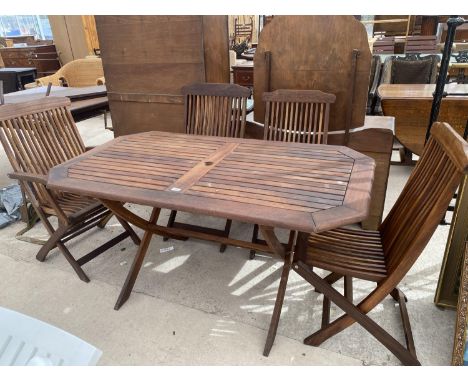 A TEAK GARDEN FURNITURE SET WITH A TABLE AND FOUR CHAIRS 