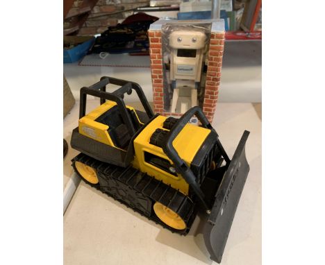 A LARGE TONKA BULLDOZER AND BRIAN THE CONFUSED DOT COM ROBOT 