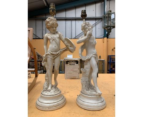 A PAIR OF VINTAGE PLASTER LAMP BASES IN THE FORM OF CHERUBS (A/F) 