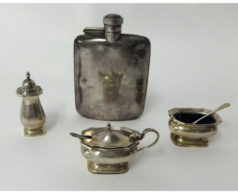 Three piece silver condiment set t/g EP hip flask