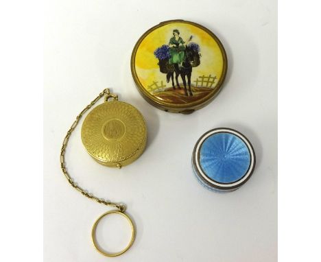 Small enamel circular compact, and two others including yellow metal compact, stamped 10K
