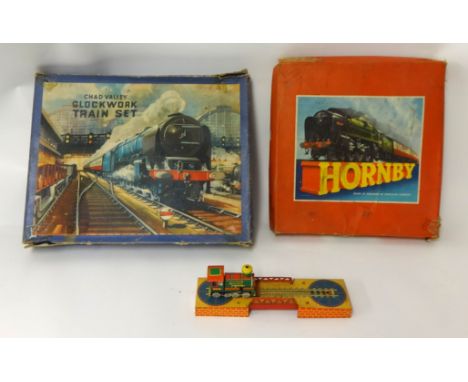 Hornby gauge O goods set No 20, Chad Valley clockwork train set and tinplate loco and track