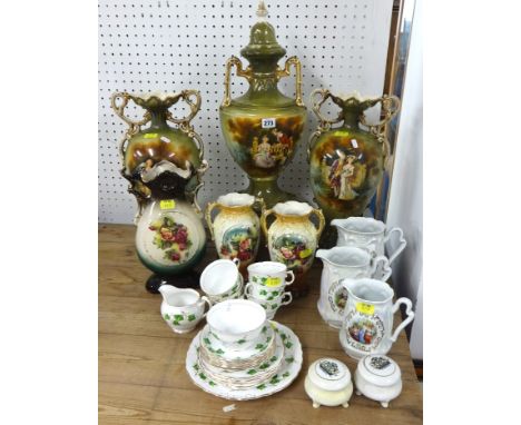 Various decorative vases, part Colclough tea set, lustre jugs etc