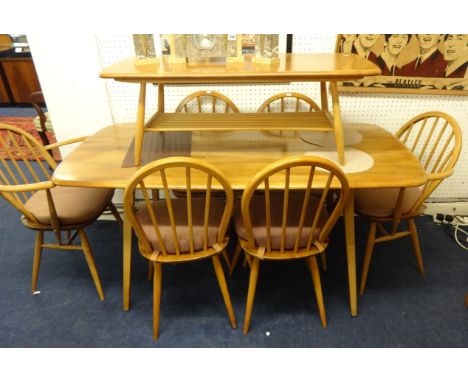 Ercol light elm dining table and six chairs