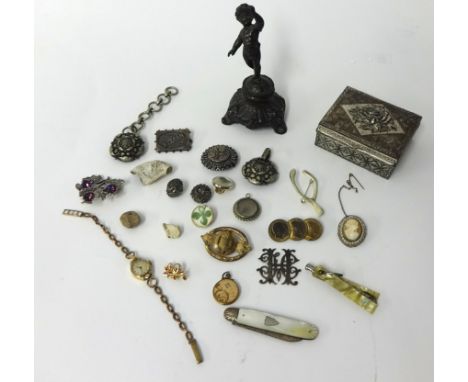 Various items including Mizpah brooch, fruit knives, odd jewellery, Rotary wrist watch, figure etc