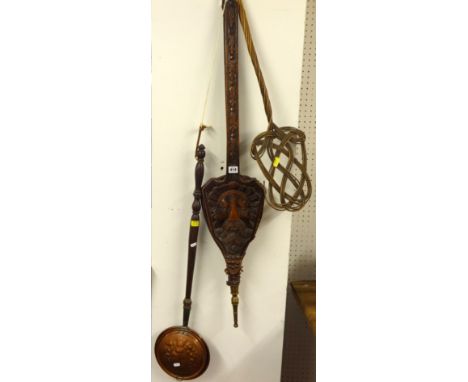 Salter brass scales, pair carved oak long handled bellows, a bed warmer and carpet beater (4)