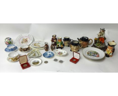 A quantity of decorative china ware including various Doulton and other character jugs, Wedgwood china boxed, Worcester and o