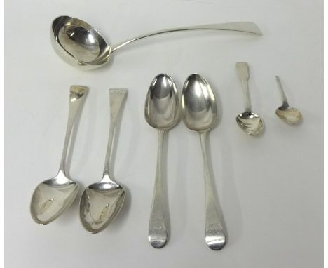 George V silver soup ladle GS & Co, two pairs of silver tablespoons including Geo III pair by Richard Crossley circa 1778 and