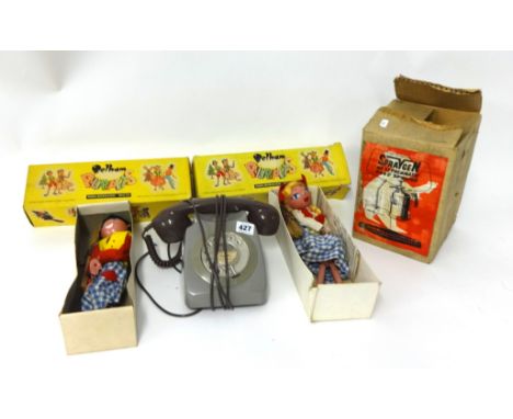 Two Pelham puppets, old tools, 746 telephone and Spray Gen sprayer