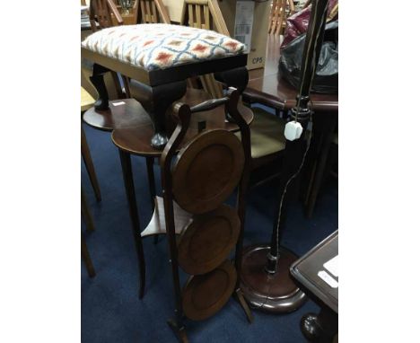 EDWARDIAN MAHOGANY OCCASIONAL TABLE, CAKESTAND, FOOTSTOOL AND A STANDARD LAMP