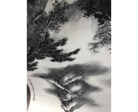 CHINESE INK AND BRUSH SCROLL PAINTINGdepicting a mountain scene with a solitary man
