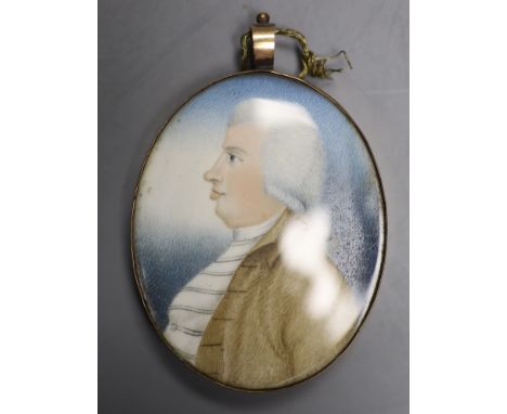 English School (early 19th century), watercolour on ivory, miniature profile portrait of a gentleman wearing a powdered wig, 