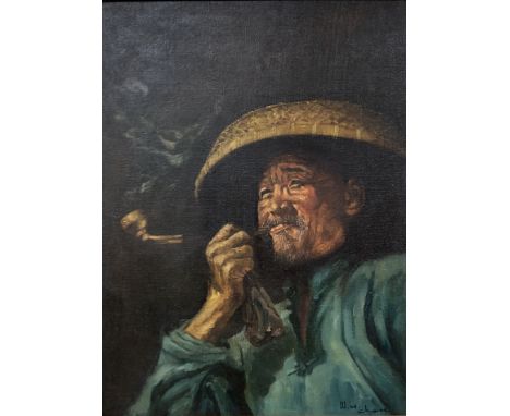 W.H. Chen, oil on canvas, Portrait of a Chinese man smoking a pipe, signed, 60 x 45cm