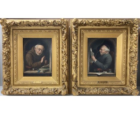 Carl Schleicher (1825-1903), oil on panel (?), portrait of a monk and similar companion piece, 20 x 15cm
