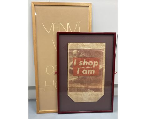 Barbara Kruger (1945-), photo lithograph on shopping bag, 'I shop therefore I am 1990', 44 x 27cm, and Ian Hamilton Finlay pr