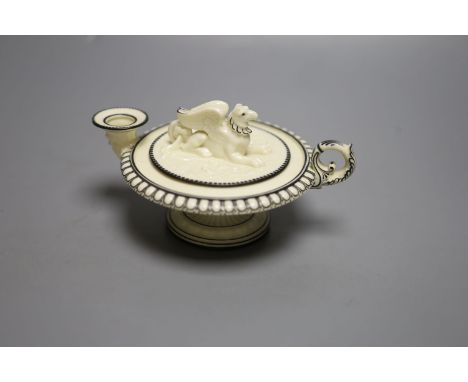 A rare Royal Worcester Kerr and Binns period inkwell, in the form of an oil lamp, with griffin finial