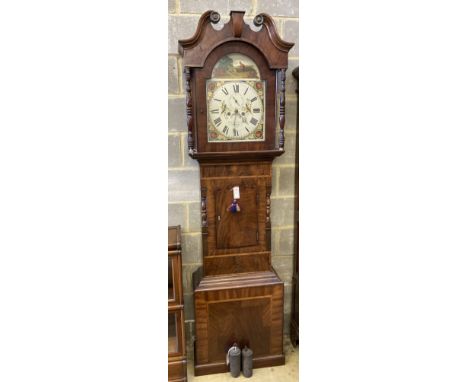 A Victorian banded mahogany eight-day longcase clock, Richard Blakeborough, Otley, having painted Roman dial and scrolled ped