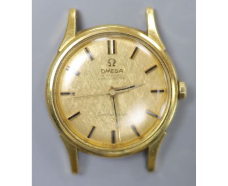 A gentleman's 18ct gold Omega Automatic Chronometer Constellation wrist watch, on leather strap with Omega buckle stamped 750