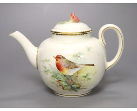 A Royal Worcester teapot and cover, painted with a Robin on a branch by E. Townsend, signed, black mark, height 15cm