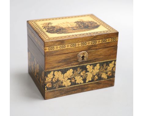 A late Victorian Tunbridge Ware rosewood tea caddy, inlaid to the top with Warwick Castle, after the design by George Wise bu