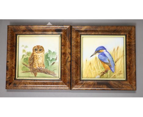 Two plaques, painted with an owl and a kingfisher by ex-Royal Worcester artist N. Creed, signed, 9 x 9.5cm