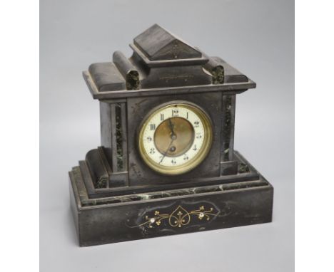 A Victorian black slate mantel clock, height 30cm
