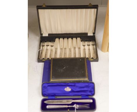 Six pairs of silver-handled fish eaters, six pairs of bone-handled fruit eaters and two other cased sets, including six mothe