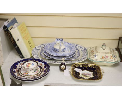 A Coalport cobalt blue dish with painted reserve of 'Kilchurn', heightened in gilt and sundry ceramics, comprising a miniatur